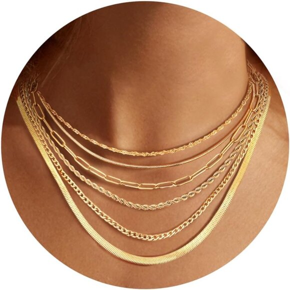 Gold Layered Necklace Set for Women Herringbone Snake Paperclip Chain Jewelry - Picture 1 of 7